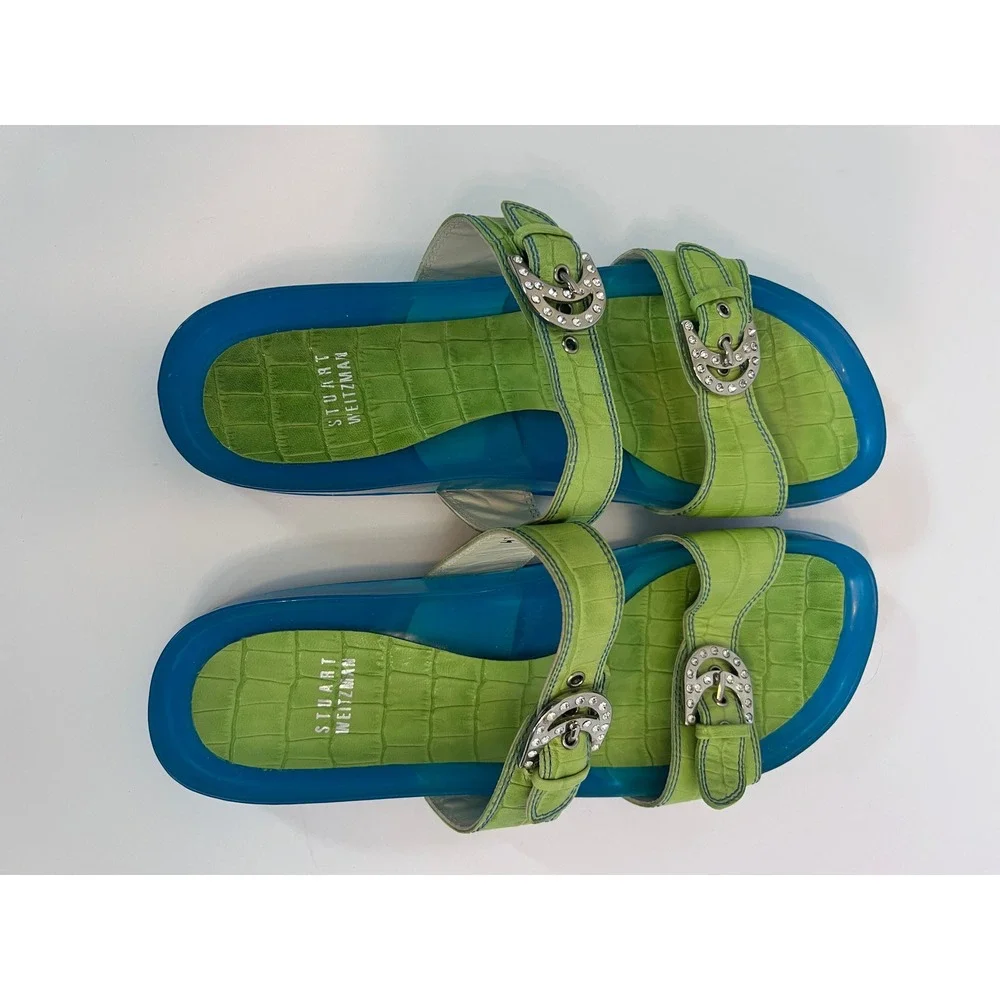 Stuart Weitzman Lime Green Croc Crystal Buckle Blue Jelly Platform Sandals 8.5M